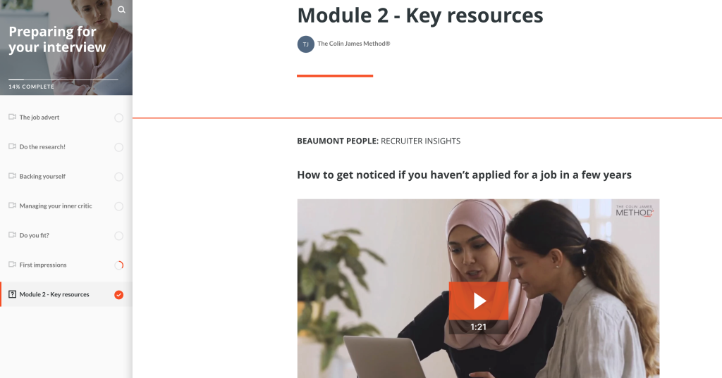 online job interview training course view of module 2