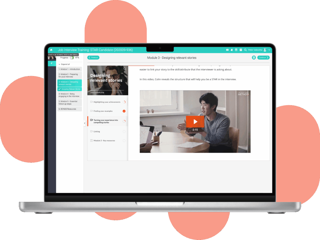 Screenshot of the Colin James Method Mastering Communication Online course interface, showing a video lesson titled 'Designing Relevant Stories' with a male learner in discussion.